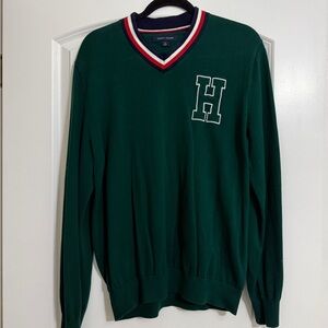 Tommy Hilfiger Preppy Green V-Neck Sweater with Embroidered H